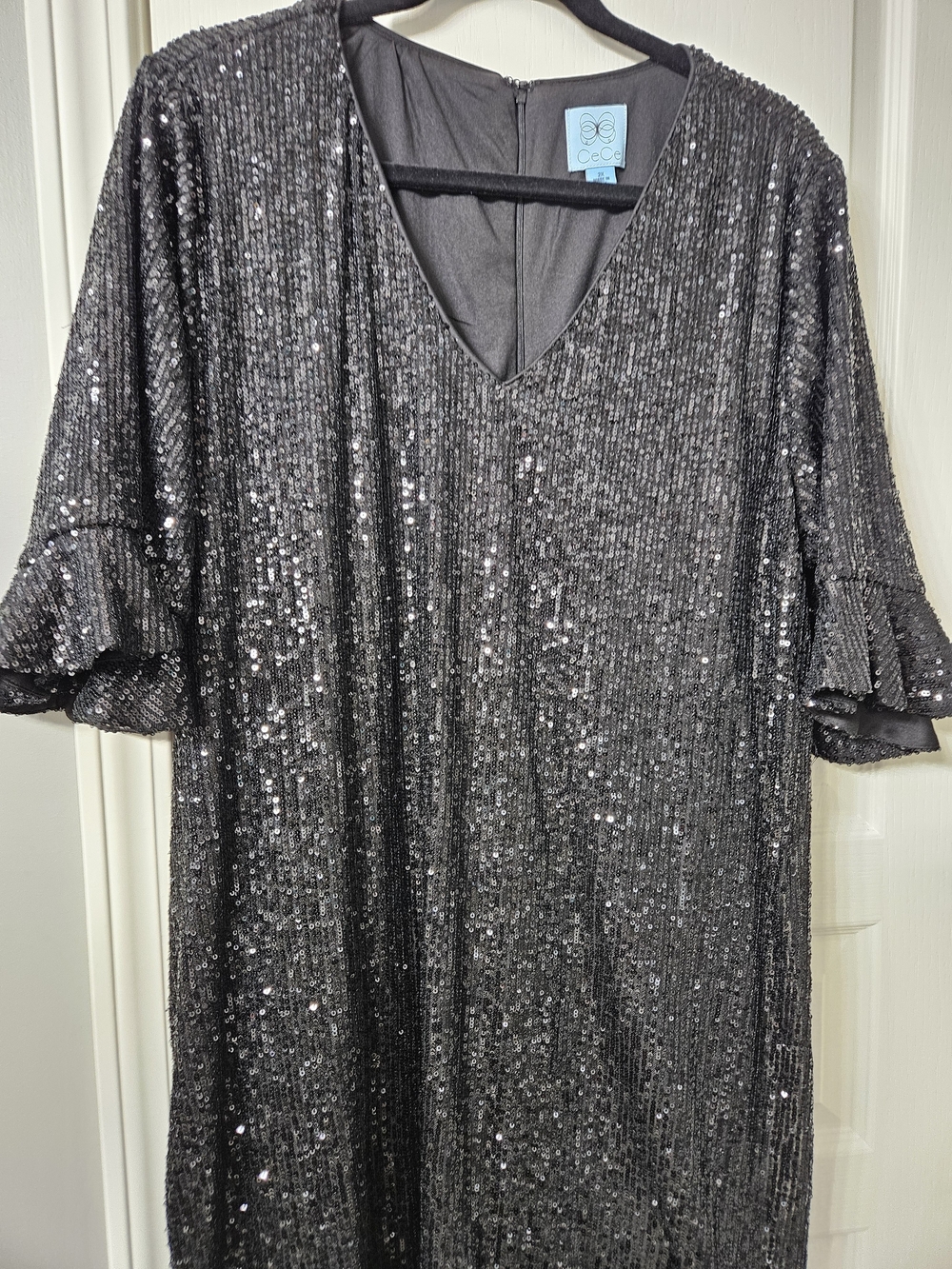 CeCe Metallic Black Sequin V-Neck Dress